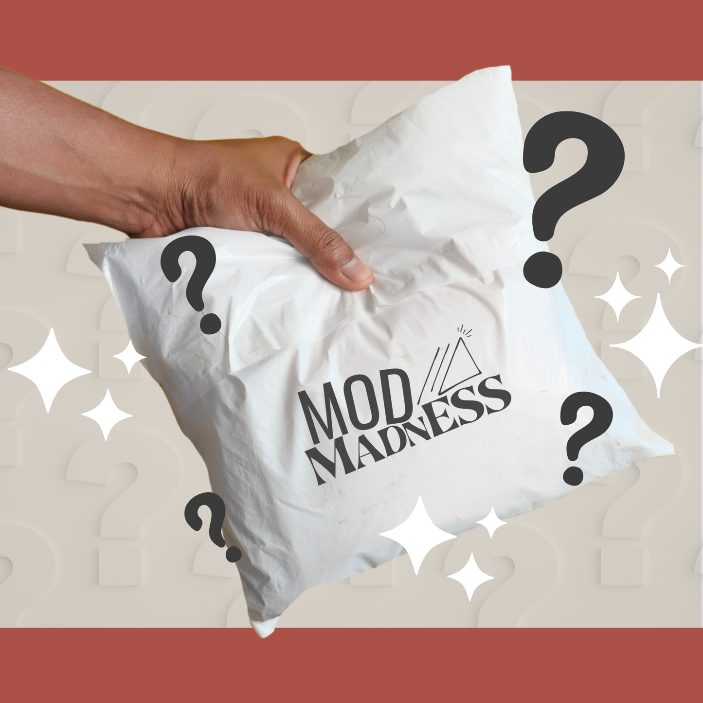 White package with 'MOD MADNESS' logo held by a hand, surrounded by question marks and stars on a beige background.
